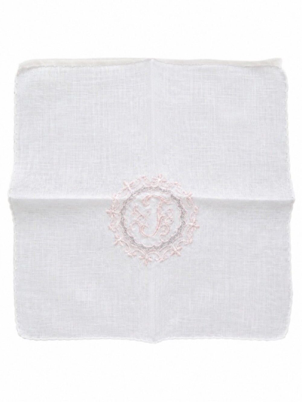 Vintage 1950s 60s Bridal Linen Handkerchief Monogram J Pink Gray Embroidered
